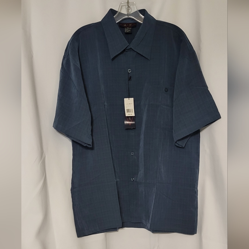 L.A.Beat Men's NWT Blue Checkered Short Sleeve Button-Up Dress Shirt Size XL
